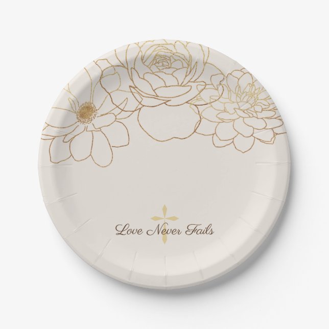 Love Never Fails Gold Flower & Cross Paper Plate (Front)
