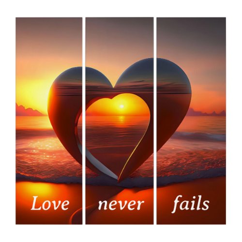 Love Never Fails Heart Beach Sunset Triptych