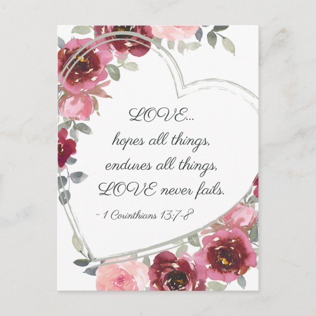 Love Never Fails Inspirational Valentine's Day Postcard (Front)