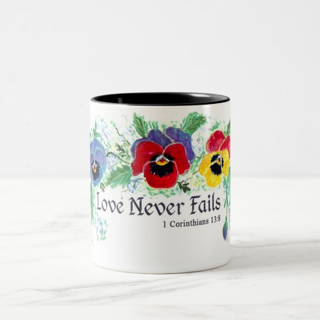 Love Never Fails (pansies) Two-Tone Coffee Mug (Center)