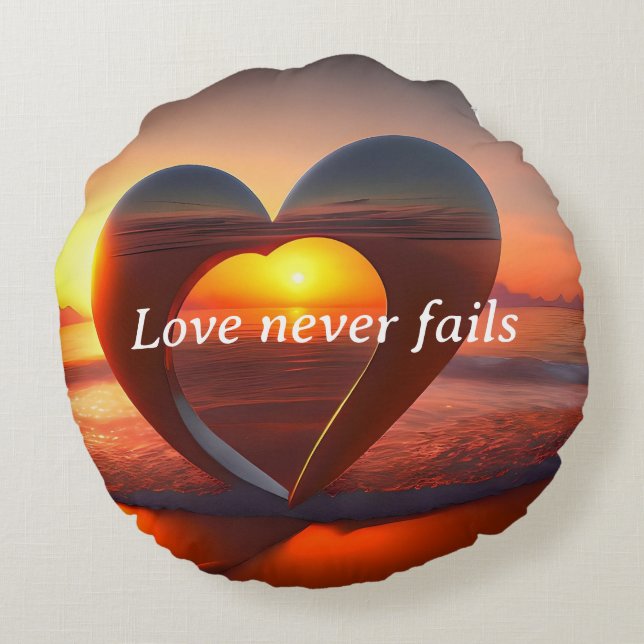 Love Never Fails Round Pillow Heart Beach Sunset (Back)