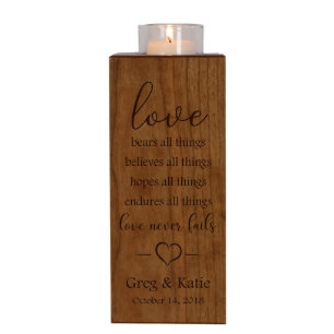 Love Never Fails Solid Cherry Candle Holder