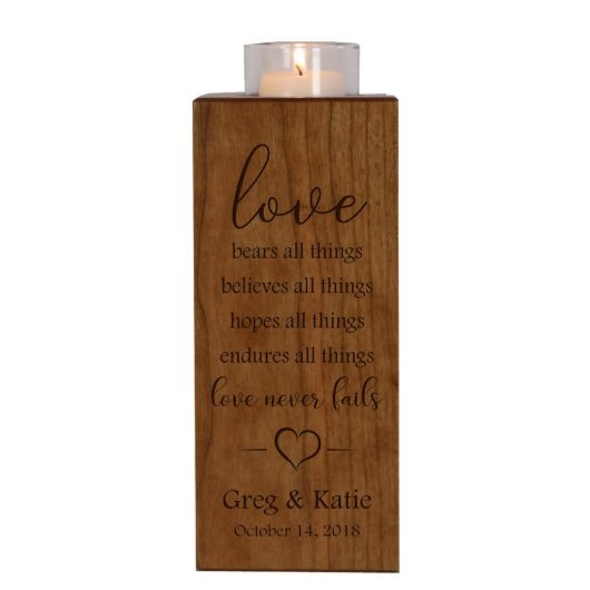 Love Never Fails Solid Cherry Candle Holder (Front)