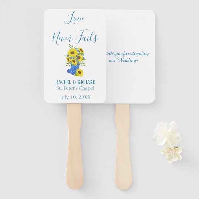 Love Never Fails Sunflower themed Wedding Hand Fan (Front and Back)