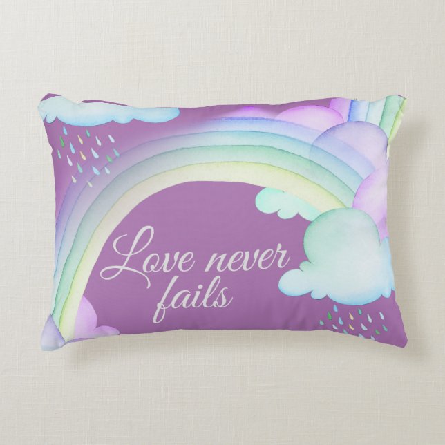 Love Never Fails Watercolor Rainbow Accent Pillow (Front)