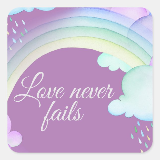 Love Never Fails Watercolor Rainbow Square Sticker (Front)