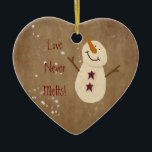 Love Never Melts Christmas Ornament<br><div class="desc">This Love Never Melts Christmas Ornament features my mouse drawn primitive snowman. Makes a great small gift or stocking stuffer.</div>