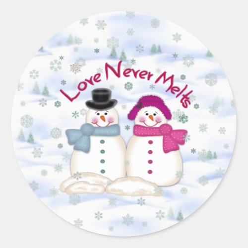 Love Never Melts Snowman Couple Glossy Stickers