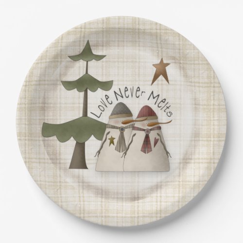 Love Never Melts Snowman Couple Plaid Paper Plates