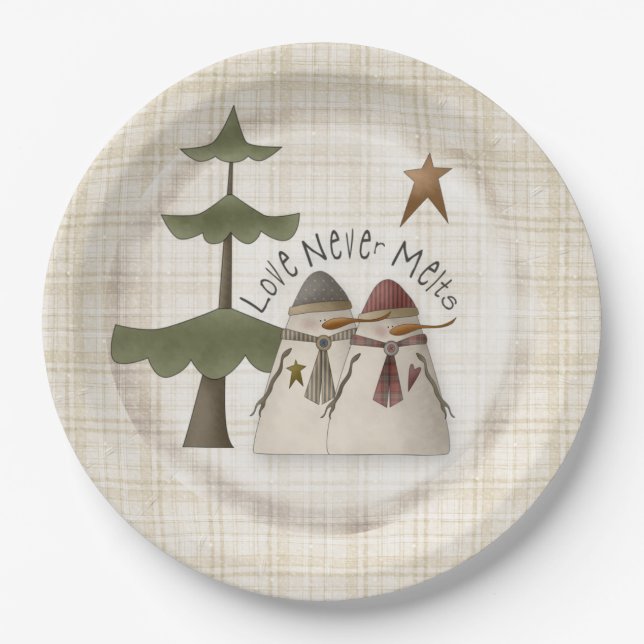 Love Never Melts Snowman Couple Plaid Paper Plates (Front)
