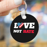 Love Not Hate Bold Type USA Flag Heart Black Keychain<br><div class="desc">“Love not hate”. Stand proud and let the world know how good this country is and can be with this thoughtful, striking, graphic, patriotic keychain. A heart filled with a rustic, vintage, bold, red, white and blue wood stripes and stars American flag plus strong white and red typography on a...</div>