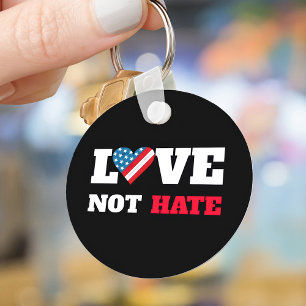 Love Not Hate Bold Type USA Flag Heart Black Keychain