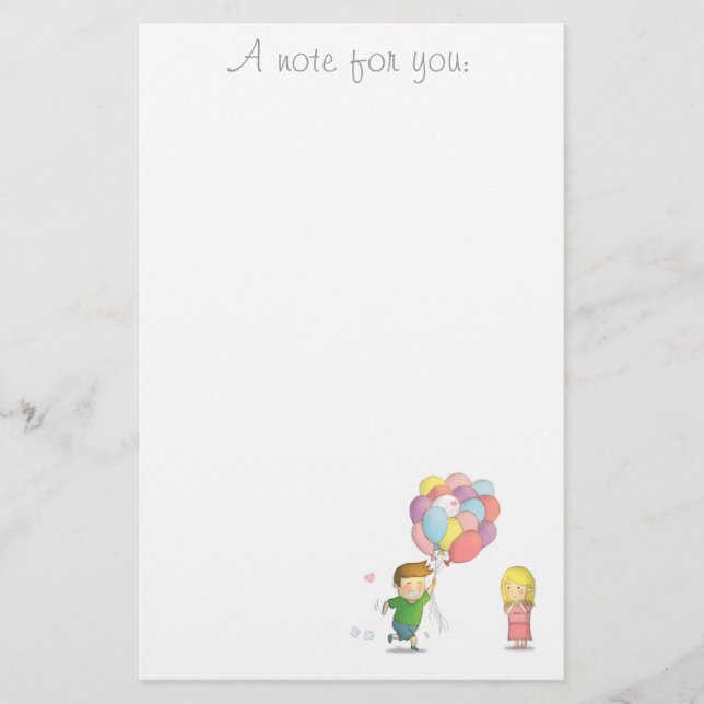 Love Note Boy Runs to Girl with Balloons Stationery (Front)