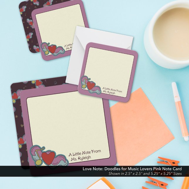 Love Note: Doodles for Music Lovers Pink Note Card (Love Note: Doodles for Music Lovers Pink Note Cards - Shown in the 2.5"x2.5" and 5.25"x5.25" Sizes)