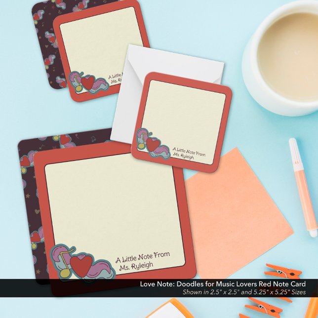 Love Note: Doodles for Music Lovers Red Note Card (Love Note: Doodles for Music Lovers Red Note Cards - Shown in the 2.5"x2.5" and 5.25"x5.25" Sizes)