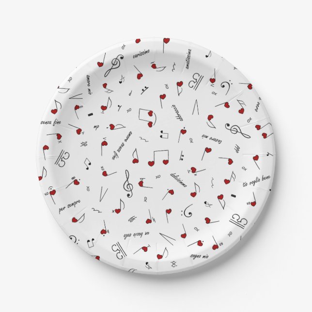 Love Notes Red Heart Music Notation Paper Plates (Front)