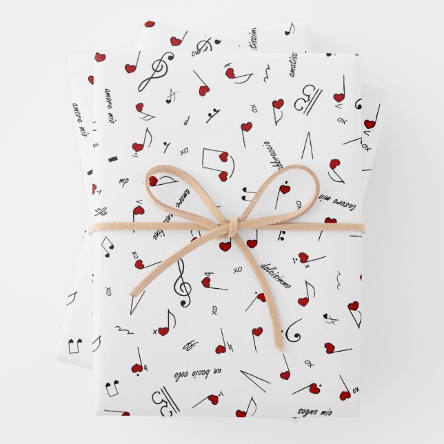 Love Notes Red Heart Music Notation Wrapping Paper Sheets (In situ)