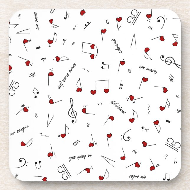 Love Notes Red Hearts Music Notation Beverage Coaster (Front)