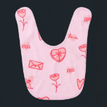 Love Notes & Sweet Treats Baby Bib<br><div class="desc">Celebrate your baby's first Valentine's Day with the "Love Notes & Sweet Treats" baby bib. This adorable bib features a delightful array of love letters, flowers, chocolates, and more in vibrant red against a soft pink background. Crafted from soft, absorbent fabric, it ensures your little one stays clean during mealtime...</div>