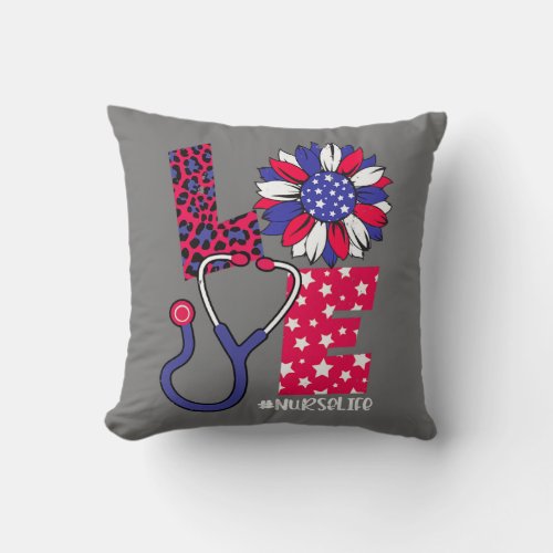 Love Nurse Life 4th Of July US Flag Stethoscope Throw Pillow
