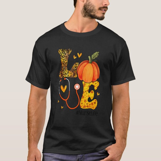 Love Nurse Life Fall Nurse Leopard Plaid Thanksgiv T-Shirt (Front)