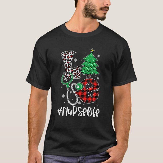 LOVE Nurse Life Stethoscope Leopard Print Christma T-Shirt (Front)