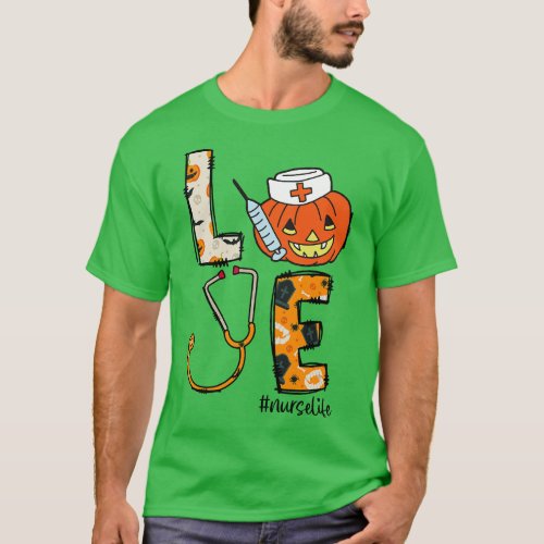 Love Nurse Pumpkin Leopard Fall Halloween Thanksgi T_Shirt