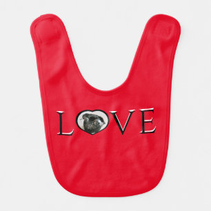 Love, O is custom heart photo Black Script Baby Baby Bib