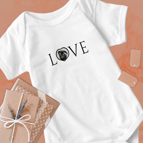  Love O is custom heart photo Black Script  Baby Bodysuit