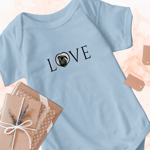  Love O is custom heart photo White Script  Baby Bodysuit