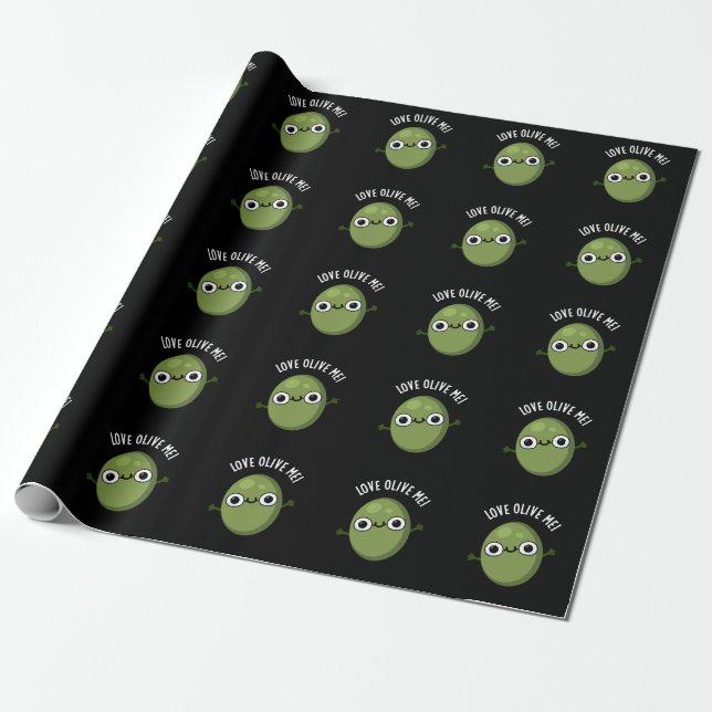 Love Olive Me Funny Food Pun Dark BG Wrapping Paper (Unrolled)