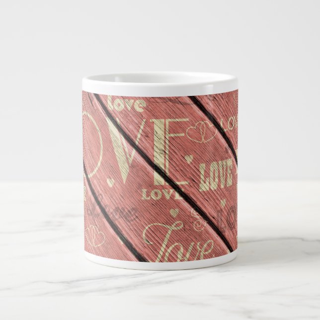 Love on Pink Wood Background Giant Coffee Mug (Front)