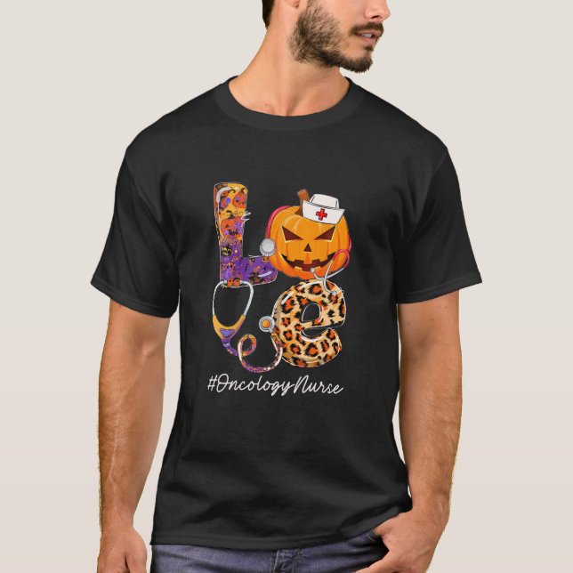 Love Oncology Nurse Pumpkin Stethoscope Halloween T-Shirt (Front)