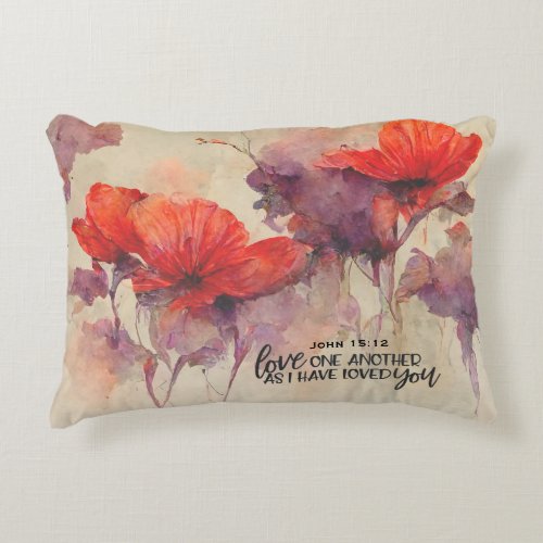 Love One Another Bible Verse Red Purple Floral Accent Pillow