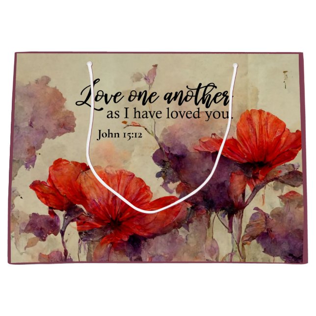 Love One Another Bible Verse Red Purple Floral Large Gift Bag (Front)