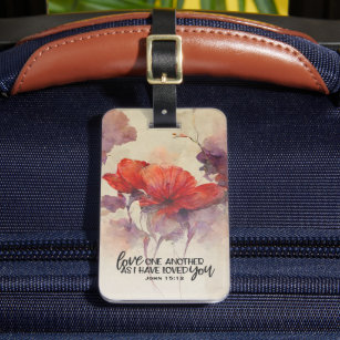 Love One Another Bible Verse Red Purple Floral Luggage Tag