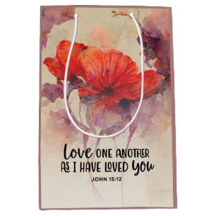 Love One Another Bible Verse Red Purple Floral Medium Gift Bag