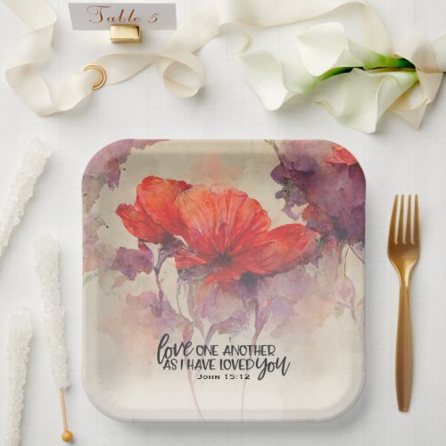 Love One Another Bible Verse Red Purple Floral  Paper Plates