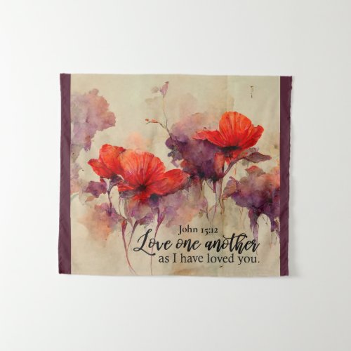 Love One Another Bible Verse Red Purple Floral Tapestry