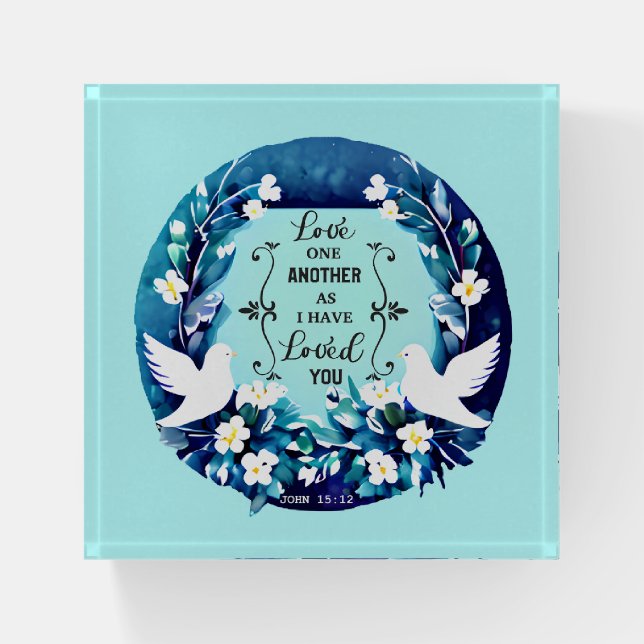 Love One Another Blue and White Doves Paperweight (Front)