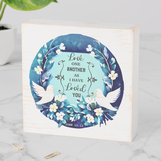 Love One Another Blue and White Doves Wooden Box Sign (In Situ Horizontal)