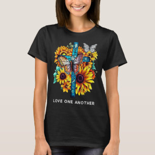 Love one another Cross Sunflowers Butterflies Chri T-Shirt