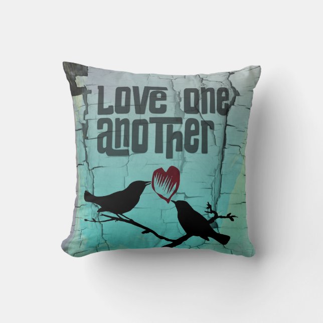 Love One Another Whimsical Turquoise Birds Throw Pillow (Front)