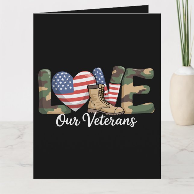 Love Our Veterans Day Proud Military American Flag Card (Front)