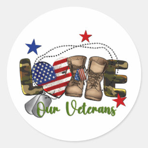 Love Our Veterans Day Proud Military American Flag Classic Round Sticker