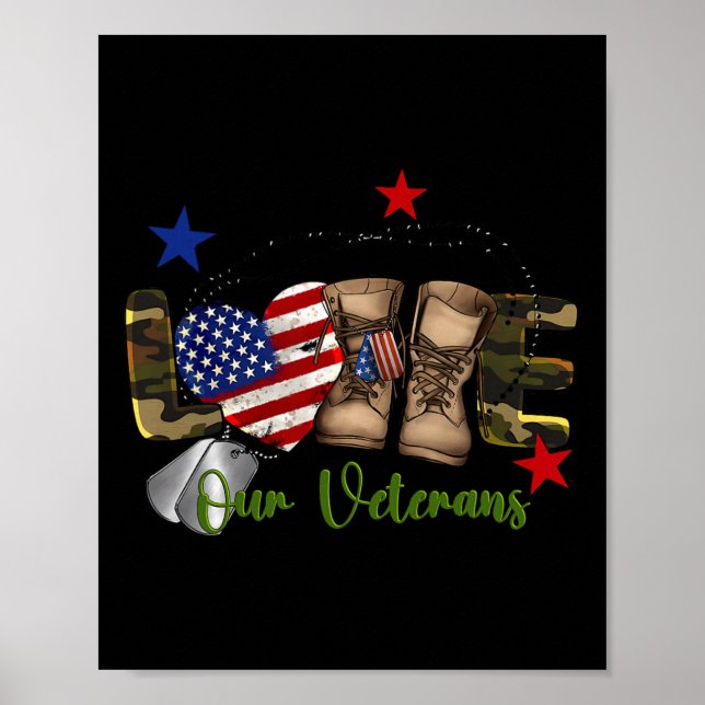Love Our Veterans Day Proud Military American Flag Poster (Front)