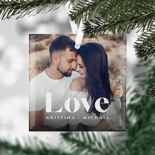 Love Overlay Photo &amp; Names Glass Ornament
