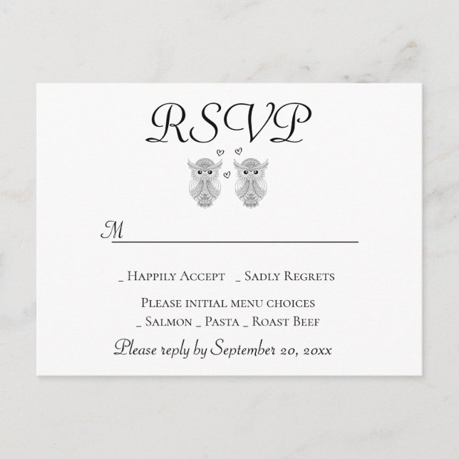 Love Owl RSVP Black & White Folk Art Wedding Party Invitation Postcard (Front)