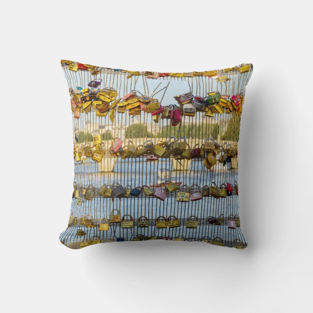 Love padlocks on a bridge in Paris Throw Pillow (Front)