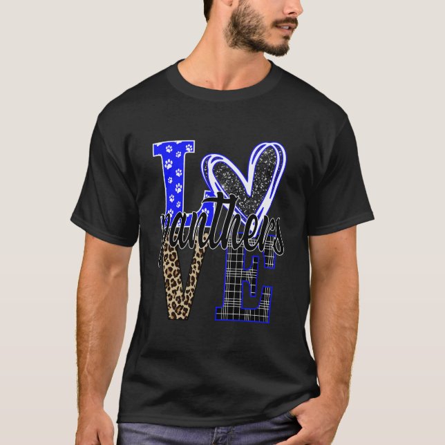 Love Panthers Mascot School Spirit Blue White Leop T-Shirt (Front)